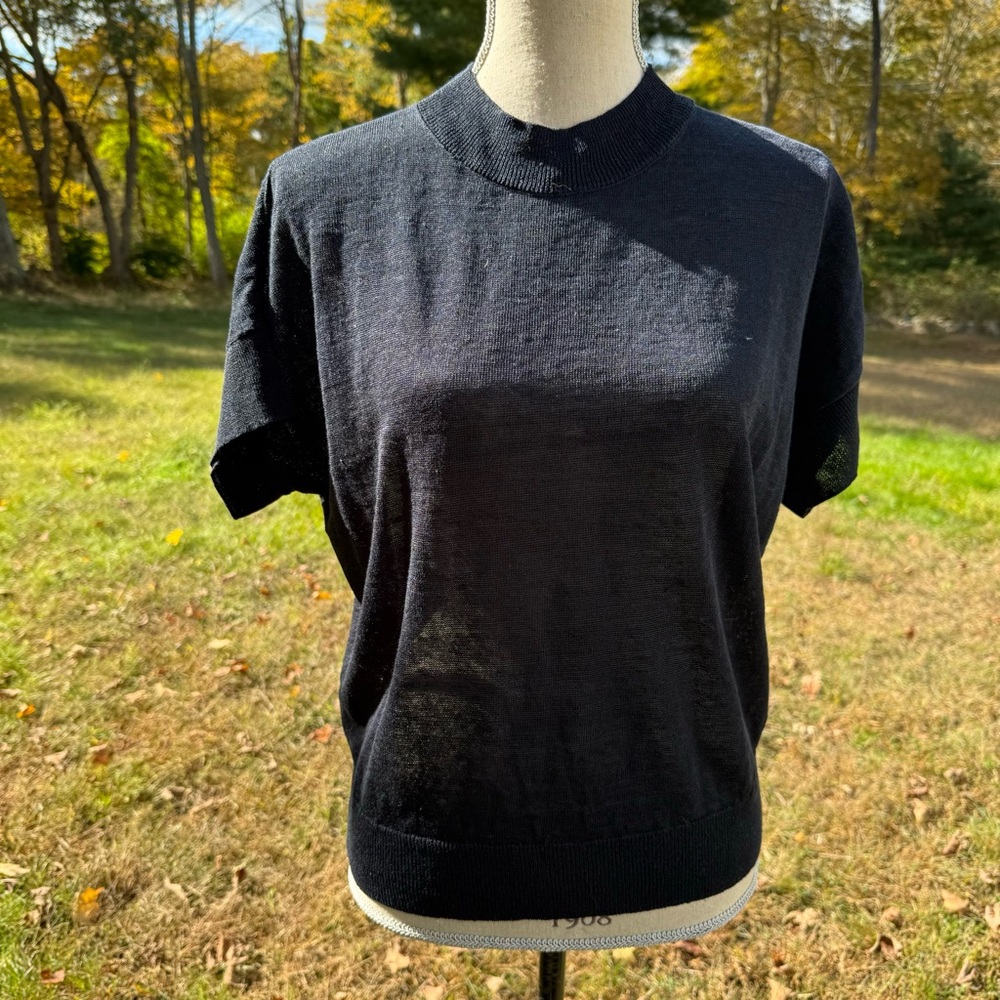 COS TOP MOCK NECK SHORT SLEEVE DARK BLUE LINEN BLEND SIZE XS